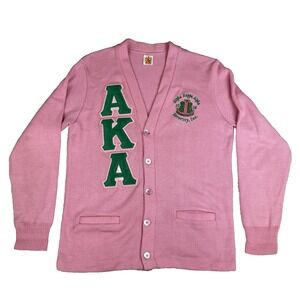 Alpha Kappa Alpha AKA Cardigan Womens Sz M Pink Green Sorority Woven Embroidered
